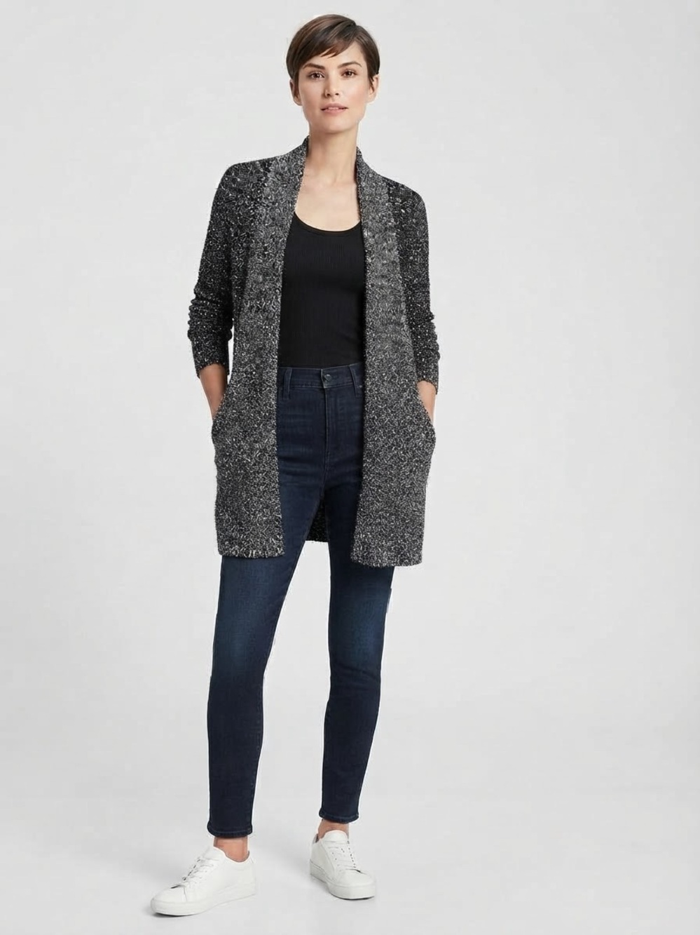Eileen Fisher Quiet Luxury Marled Gray Long Line Cardigan Goblincore Earthy Boho